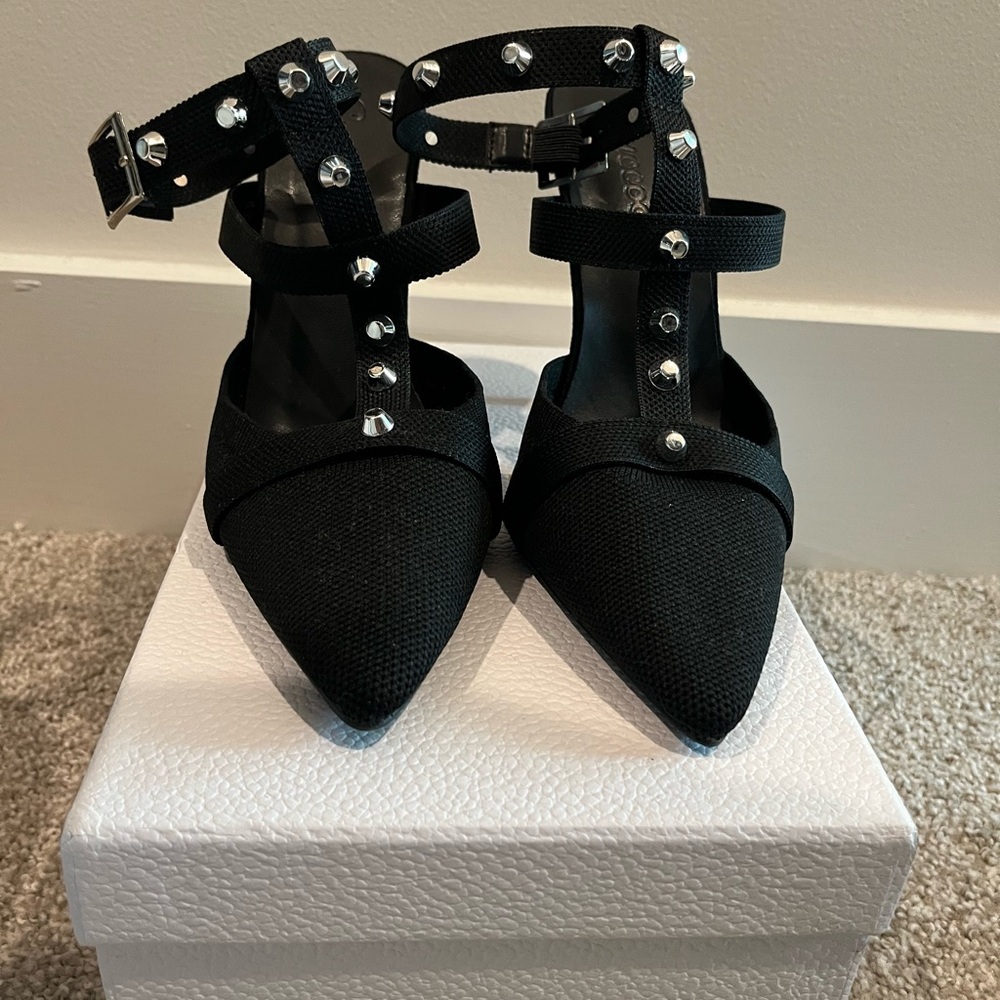 Black Studded Pointed Toe Heels with Silver Stiletto – Size 7.5